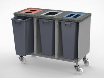 Estação de resíduos para 3 fluxos de resíduos com 3 lixeiras de 60 litros em rodas