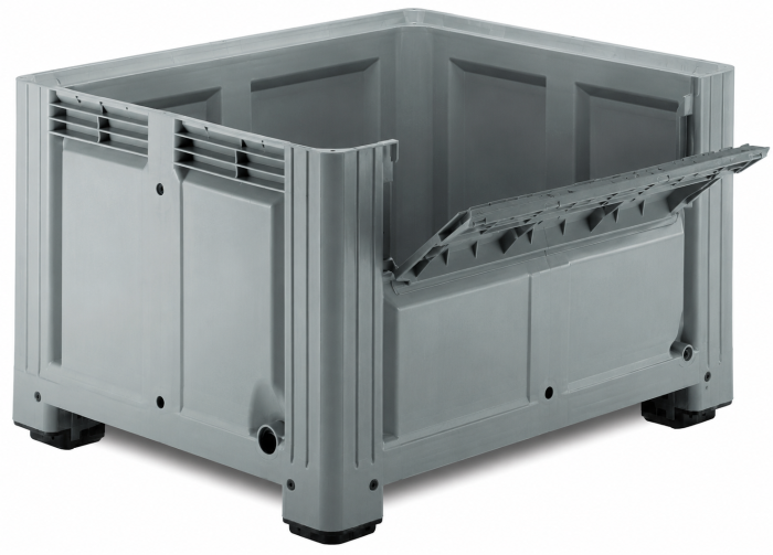 Caixa-palete 680L 1200x1000x760 mm com 4 pés, com abertura frontal, cinza