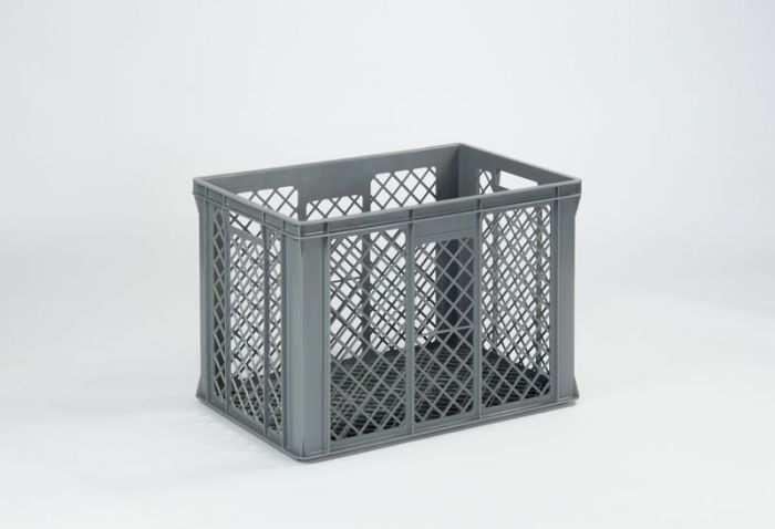Caixa perfurada empilhável 600x400x445 mm 91L, com pegas fechadas, cinza
