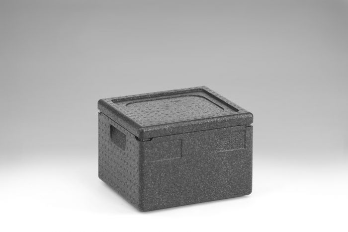 Caixa isotérmica em EPP, 390x330x280 mm, 19 L, com tampa, cinza escuro