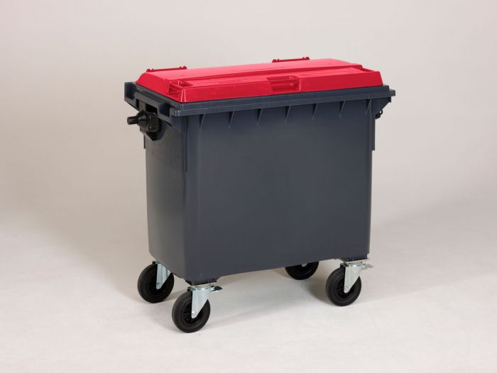 Contentor de lixo 660L com 4 rodas, cinza com tampa vermelho