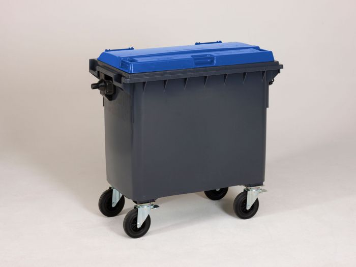 Contentor de lixo 660L com 4 rodas, cinza com tampa azul